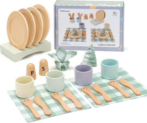 Wooden Toy Dish Set Toddler Plates and Cutlery Set Children's Kitchens Accessories