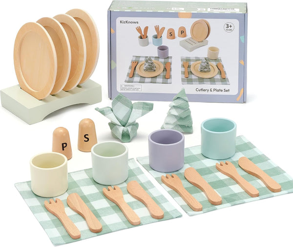 Wooden Toy Dish Set Toddler Plates and Cutlery Set Children's Kitchens Accessories