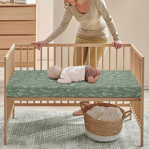 Winpema 28"x52" Wildflowers Meadow and Flowers Fitted Crib Sheet Green Sage Baby Crib Sheet Fit Standard Crib