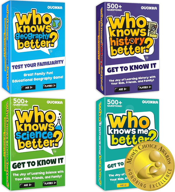QUOKKA Set 4 in 1 Who Knows Better? - Fun Educational Trivia Card Game for Kids and Families