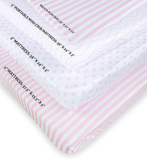 3 Pack Set 100% Pack NODNAL CO. Fitted Pink Mini Crib n Play Playard Portable Crib Sheets - Oeko-TEX Cotton Baby Girl