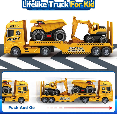 3 4 5 6 25" Truck,3 1 3 4 5 6 SpringFlower Toddler Boy Toys, Construction Carrier Toy with Excavator and Dump in Truck