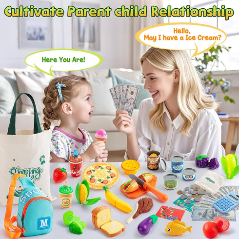Sets Playset 3+ Pretend Play Food for Toddlers, Kids Grocery Store with Shopping Bags,Calculator, Cutting Play Food