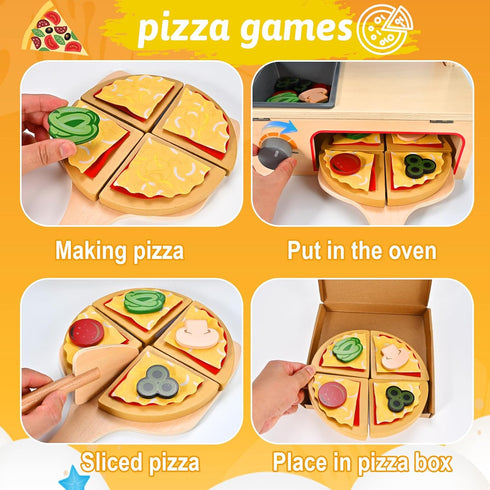 Counter Playset 3+ Wooden Pizza Toy, Wooden Pizza with Bake Oven, Montessori Pretend Play Toys, Play Food