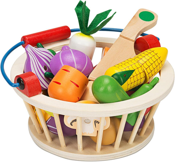 Victostar Magnetic Wooden Cutting Fruits and Vegetables Play Toy Set with Basket