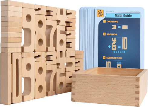 SumBlox Mini (Starter Set), 38 Mini Math Building Blocks, STEM Solid Wood Educational Numbers with Wooden Box and