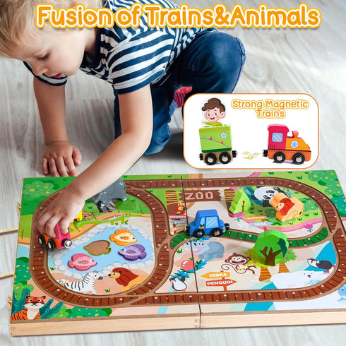 Wooden Take Along Train Set with Magnetic Fishing Game, 25 Pcs Animal Stacking Toy for Toddlers 1-3