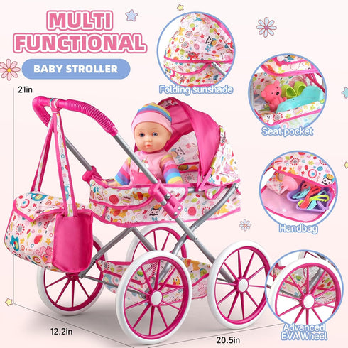 Baby Doll Stroller Toys Set with 12.5" Baby Doll, Dining Chair, Quilt Pillow, 24 PCS Accessories for Girls Toddlers