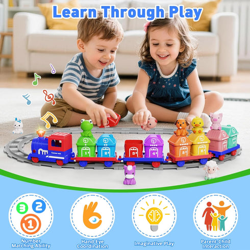 Set 2-4, Counting 1 2 3 Train for Toddlers Electric Toy Train with Farm Animals & Music & Lights, Montessori & Sorting