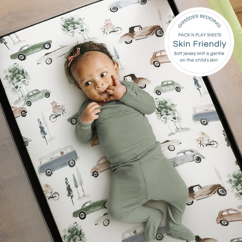 GRSSDER 2 Pack Fitted Pack n Play Sheets, Stretchy Ultra Soft Jersey Knit Sheets for Portable Crib Mattresses