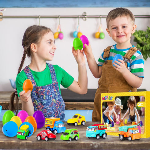 MGparty 12 Pack Prefilled Easter Eggs with Car Toys for Kids Toddlers Bulk Plastic Eggs Pull Back City Truck Vehicles