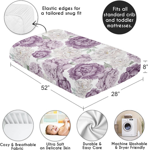 Sweet Jojo Designs Fitted Baby Crib Sheets (Boho Purple Floral) for Girls, Infant Nursery, Toddler Room - Standard Size