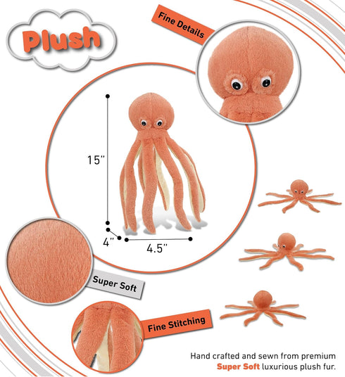 DolliBu Orange Octopus Super Soft Stuffed Animal, Cute Realistic Plush Toys for Girls, Boys, Adults - 15 Inches