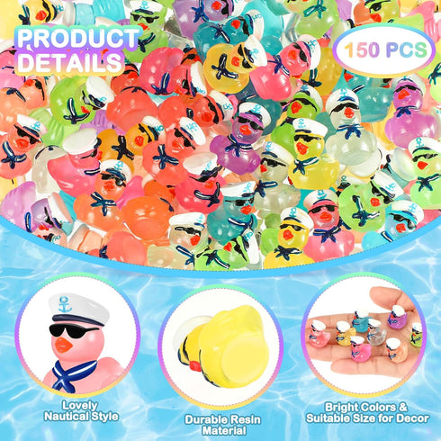 RoundFunny 150 Pcs Mini Luminous Resin Sailor Cruise Ducks Glow in The Dark Tiny Cruise Duck for Hiding with Hat