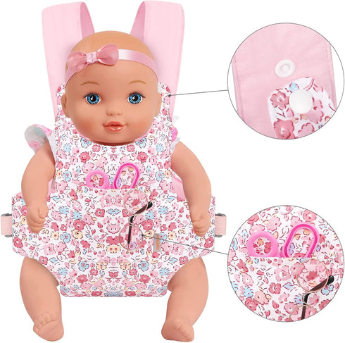 GAGAKU Baby Doll Carrier Stuffed Animal Carrier for Girls Doll Accessory Adjustable Straps for 12 to 24 inch Reborn Baby Dolls - Pink Flowers