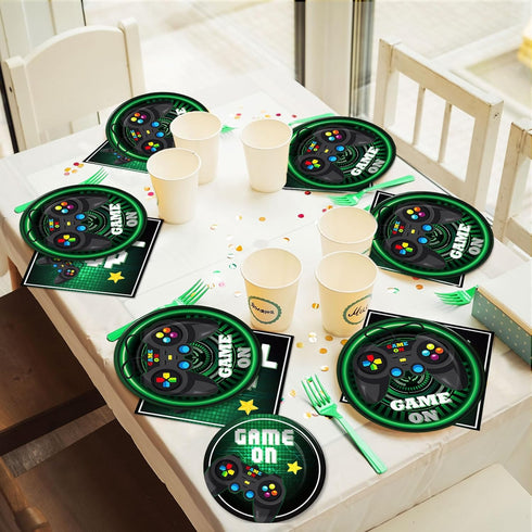 96 Pcs Video Game Plates and Napkins Party Supplies, Gaming Party Tableware Set for Kids Birthday