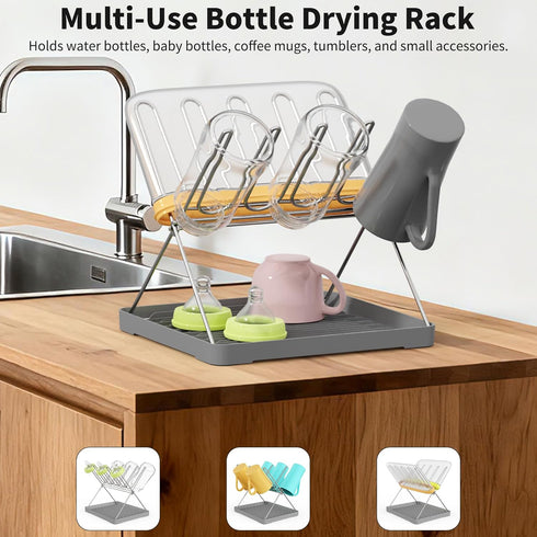 Countertop, Bottle Drying Rack, Stainless Steel Foldable Water Bottle Drying Rack Organizer with Drain Tray for Baby