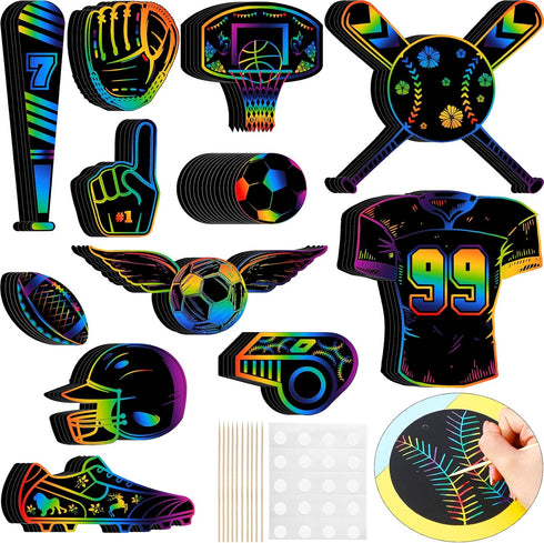 Qilery 70 Pcs Sports Scratch Off Papers Set, 35 Pcs Wooden Stylus, Rainbow Paper Scratch Pad for Kids DIY Arts and
