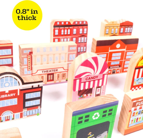 20 Set Community Pc Wooden City Play - Wooden Town Buildings and Street Signs for Play Mats, Toy Cars and Trains