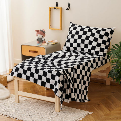 Set 4 Set Set KAREVER Grid Toddler Bedding Black White Checkered Pieces Crib Bed Kids Pliad Comforter