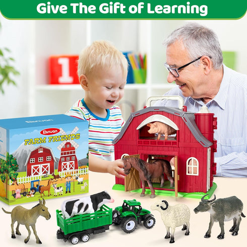 1 2 3 4 5 Playset Farm Animals Toys for Year old Toddlers Girls Boys, Big Red Barn Farm with Figures Animals