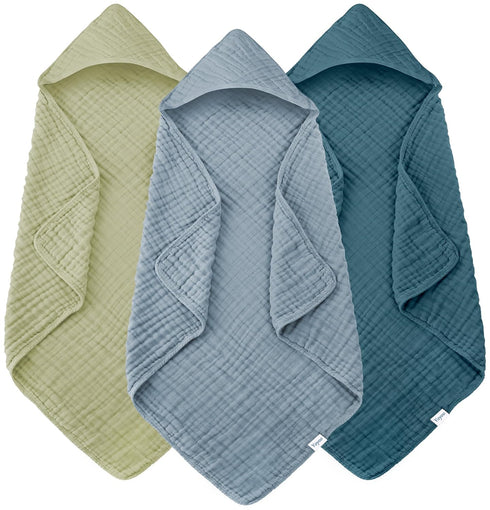 YOYOO Muslin Hooded Baby Bath Towels - 3 Pack 100% Cotton Ultra-Soft Towels