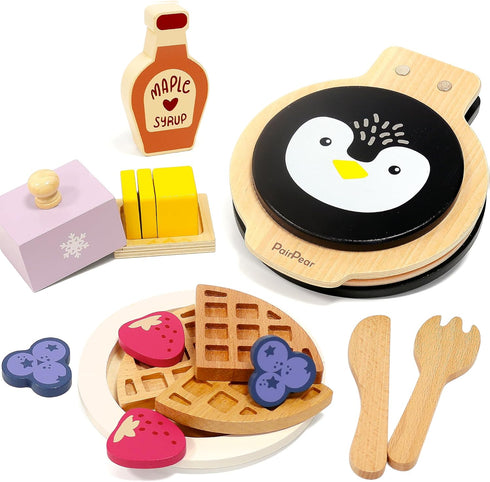 PairPear Wooden Waffle Maker Toy Food Playset, Kids Pretend Play Food Kitchen