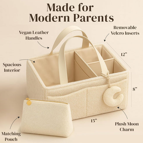 Orelle Boucl Diaper Caddy Organizer with Matching Pouch & Moon Pendant | Teddy Portable Changing Table Organizer |