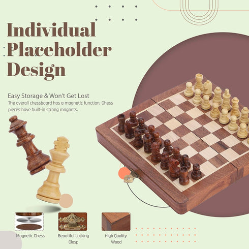 Ajuny Magnetic Travel Chess Set - Handcrafted Acacia Wood, Foldable Board with Elegant Storage