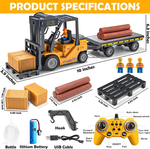 VijiSuki 2.4Ghz Lights,Sound,1/24 11 Set Remote Control Forklift with Trailer,RC Forklift Truck with Spray, Cool Scale