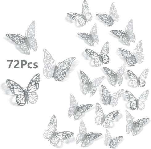 3D Butterfly Wall Stickers, 72Pcs in 3 Sizes and Styles, Removable Metallic Wall Decals for Kids Bedroom Decor