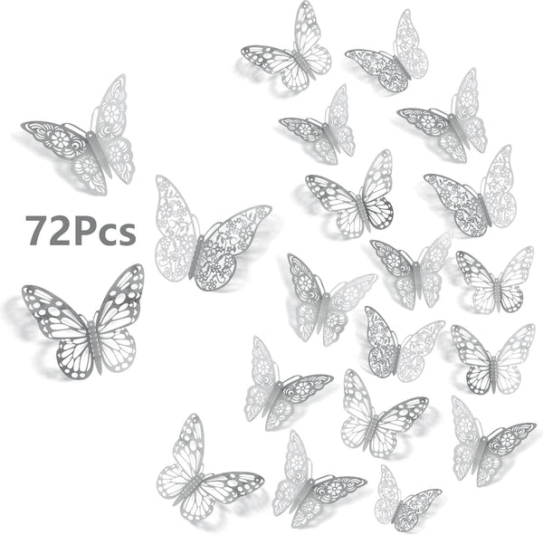 3D Butterfly Wall Stickers, 72Pcs in 3 Sizes and Styles, Removable Metallic Wall Decals for Kids Bedroom Decor