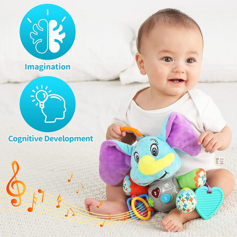Multifunctional Luminous Plush Elephant Baby Music Toy, with 12 Songs and Various Sounds of Nature, Equipped with Suspension, as a Teething Toy, Apply for Car Seats, Cribs and Strollers