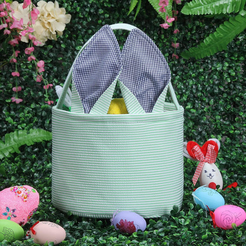 Easter Bunny Basket Seersucker Egg Bags for Kids, Personalized Candy Rabbit Print Buckets with Fluffy Tail