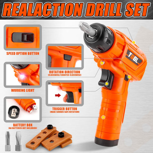 PANPAPA Set 1-3,Electric Set,Kids 3+ Toy Drill for Toddlers Power Kids Drill and Screw Pretend Play Tool with Realistic