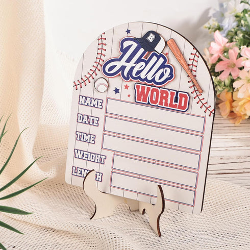 Fukaisu Hello World Newborn Sign, Wooden Baby Birth Announcement Sign with Pen for Boys Girls New Baby Name Plaque