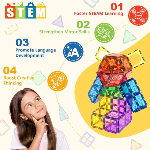60 PCS Magnetic Building Tiles, Kids Toys STEM Magnetic Blocks, Sensory Toys for Boys and Girls Aged 3+, Brain