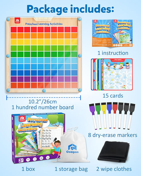 1-100 3-8 Coogam Handwriting Hundred Board, Math Manipulative Wooden Montessori Number Toys, Alphabet Writing Practice