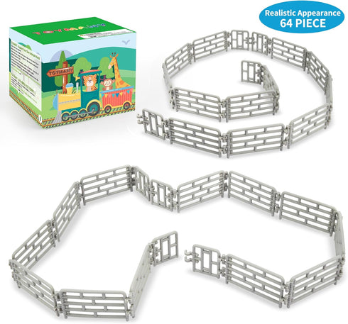 64PCS Toymany Mini Toys Fence for Farm Animals - Tiny Horse Corral Plastic Fencing for Farm Barn Paddock Horses