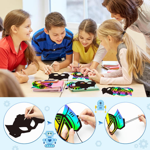 30Pcs Set BeYumi Robot DIY Mask Craft - Robots Scratch Mask Gift for Kids Boys Magic Scratch Off Paper Art Craft Kit