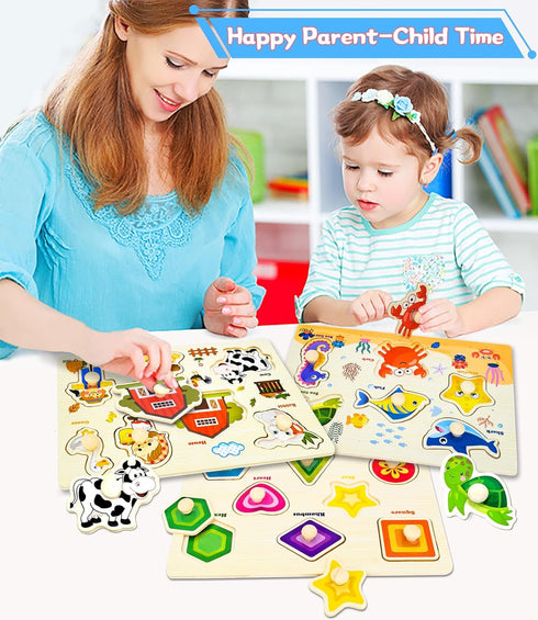 SIERLIKY Gifts-3 Wooden Peg Puzzles for Toddlers,Montessori Toddler Jigsaw for Child,Fine Motor Skill Learning Puzzle
