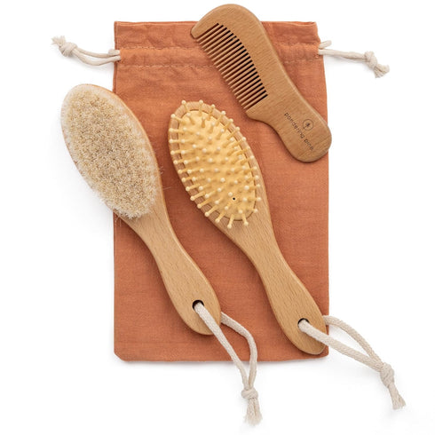 Natural Baby Brush Set - Wooden Brushes and Comb With Boho Travel