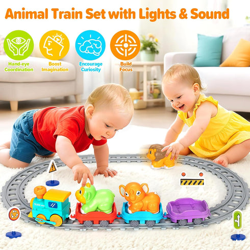 Set 1-3 1 2 3 4 5 Electric Train for Toddlers, Realistic Steam Train Toys for Kids with Tracks, Animal Toys