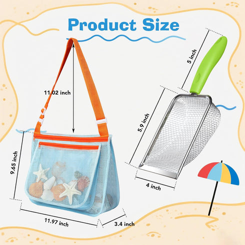 LIDAGO Set 3 3 Beach Toy Include Mesh Shovels and Beach Mesh Bags,Kids Sand Sifter Colorful Mesh Bag for Shells