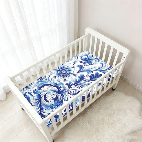 CZXW 52" 28" Blue White Floral Tile Crib Sheets Fitted x Natural Cotton Soft & Breathable for Baby Crib Mattress