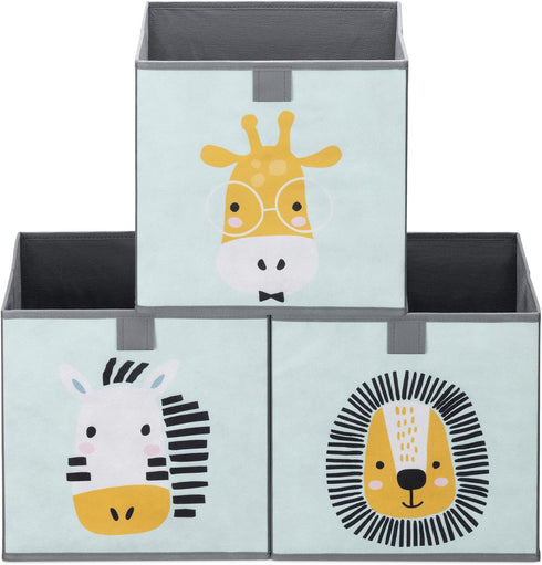 Navaris Kids Storage Cubes Set of 3, 11x11x11 Fabric Organizer Bin with Animal Designs in Mint Green