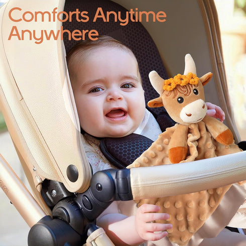 Girl Highland Cow Baby Lovey Security Blanket, 16" Soft Snuggle Stuffed Animals, Gifts for Infant and Toddler