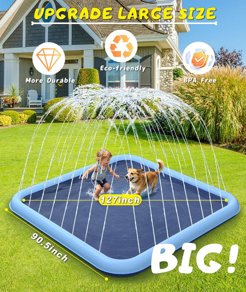 127"- 90.5" Summer 3 EPN Splash Pad, Size Extra Large Sprinkler Play Mat for Dogs & Kids, Thicker Wading Pool Outdoor