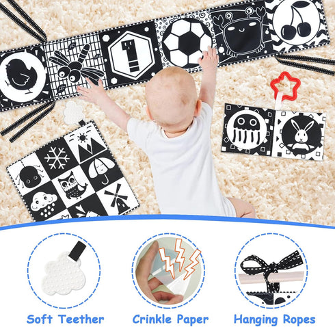 Newborn Toys Black and White, High Contrast Baby Toys for 0-3 Months, Soft Book and Crinkle Sensory Toys