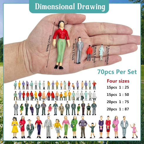 70PCS People Figurines Mini Trains Architectural 1:25 1:50 1:75 1:87 Scale People Painted Figures Plastic People Small Dollhouse People Standing and Seat